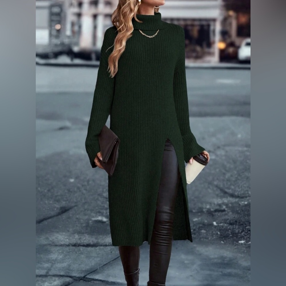 Women's Solid Color High Neck Split Hem Ribbed Knit Sweater - Picture 5 of 8